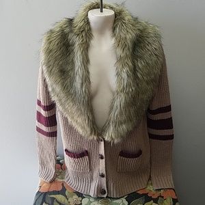 David Kahn Faux Fur Collar Sweater Cardigan NWT